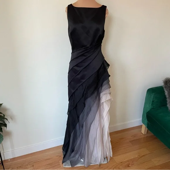 Halston Heritage Black Satin Organza Sleeveless Ombre Degrade Tiered Gown EUC 2 - Picture 4 of 12